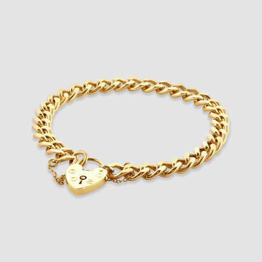 9ct yellow gold faceted curb bracelet with heart padlock